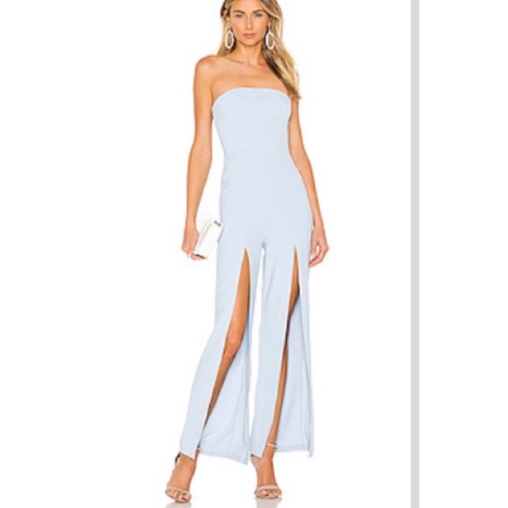 REVOLVE Super Down Strapless Light Blue Wide-Leg Jumpsuit with Front Slits